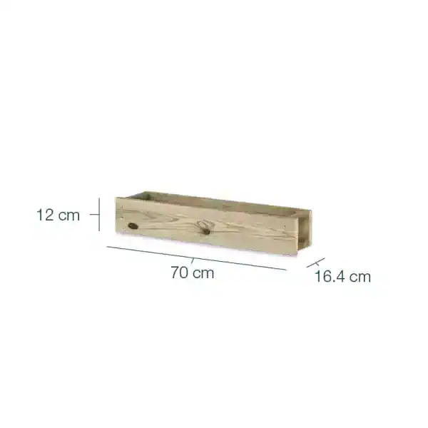 Jardín de madera con dimensiones de 70 cm de largo, 16.4 cm de ancho y 12 cm de alto, ideal para cultivo de huerto urbano y jardinería ecológica. Diseño resistente y natural en madera sin tratar.