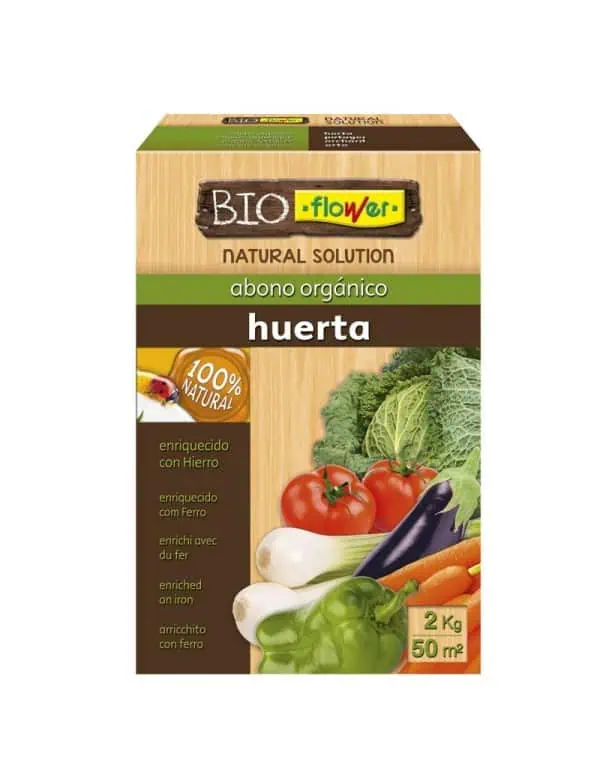 Alternativo en texto: Fertilizante orgánico para huerta con ingredientes enriquecidos con hierro y hierro, ideal para cultivos ecológicos, 2 kg para 50 m².