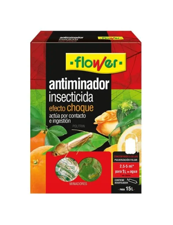 Insecticida antiminador para plantas. Control de plagas en huertos ecológicos y agricultura orgánica con efecto choque, fácil aplicación y protección efectiva contra insectos dañinos.