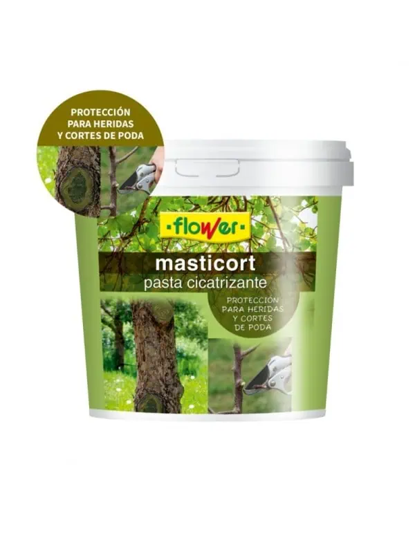 Protección para heridas y cortes de poda en árboles con pasta cicatrizante Masticort de Flower, ideal para cuidado de heridas en plantas y árboles, previniendo infecciones y promoviendo la recuperación.