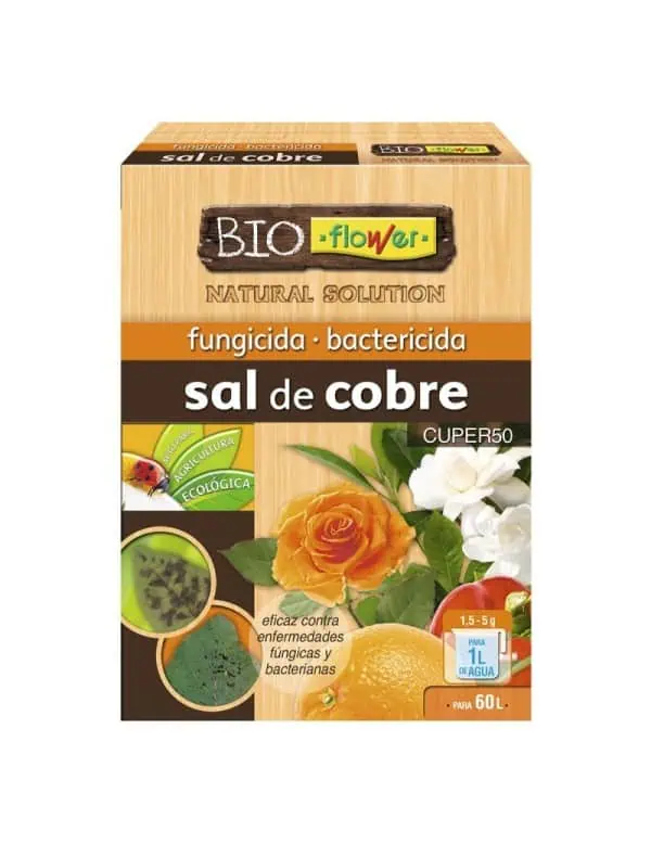 Sal de cobre ecológica para control de plagas y enfermedades en agricultura orgánica, apta para cultivos, con acción fungicida y bactericida, en envase de 50 sobres.