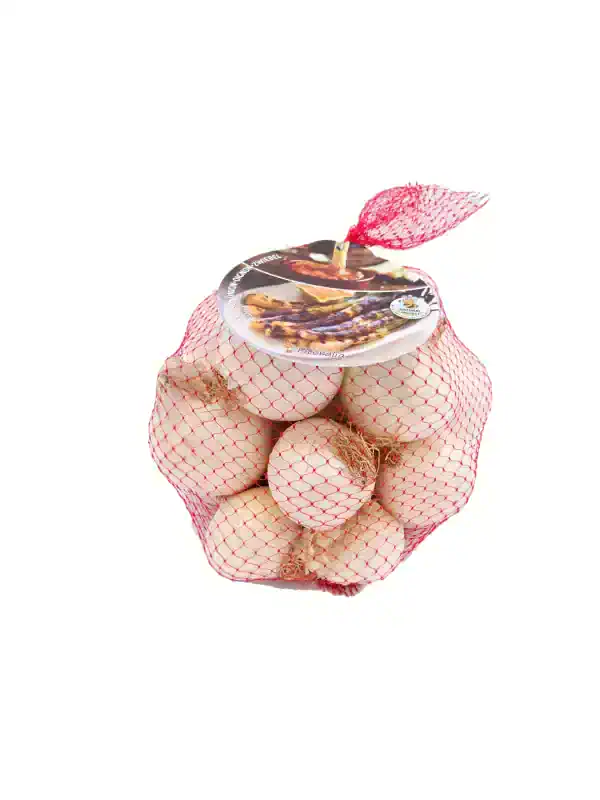 Bulbos de ajo ecológico en red de malla roja, ideales para cocinar con ingredientes naturales y saludables, en envase compacto para fácil conservación y uso en la cocina.