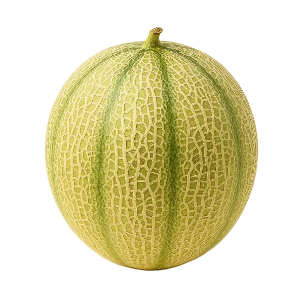 Melón cantalupo fresco y maduro con piel de malla amarilla y verde en fondo blanco, ideal para una dieta saludable y natural, cultivado en huertos ecológicos.
