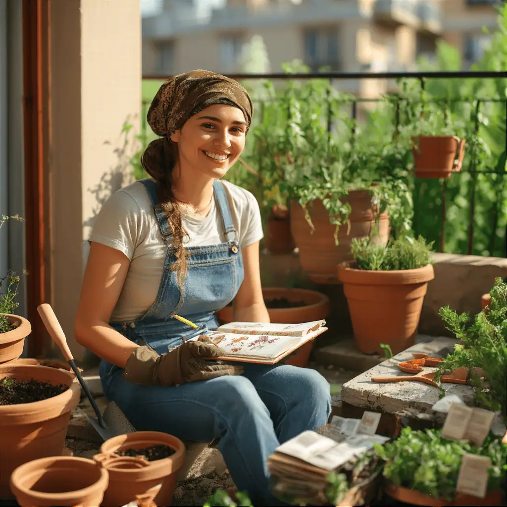 Joven mujer cultivando plantas en balcón con macetas de terracota, disfrutando del huerto urbano ecológico, cultivo sostenible y jardinería orgánica en casa.