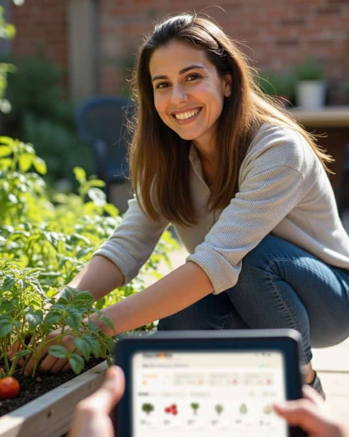 Jugadora femenina cuidando plantas de hortalizas en huerto urbano ecológico en jardín, con aplicación de agricultura inteligente para cultivo vegano y orgánico.