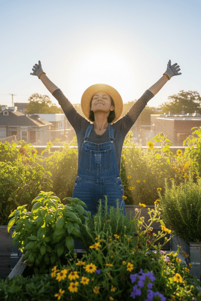 Mujer feliz en huerto urbano ecológico con plantas aromáticas y flores en plena naturaleza al atardecer, promoviendo agricultura orgánica y sostenible.