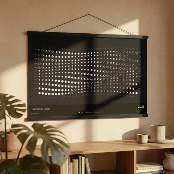 1. Calendario lunar de huerto y agricultura 2025, diseño moderno con fases de la luna, ideal para jardineros y agricultores ecológicos, fomentando prácticas agrícolas sostenibles.