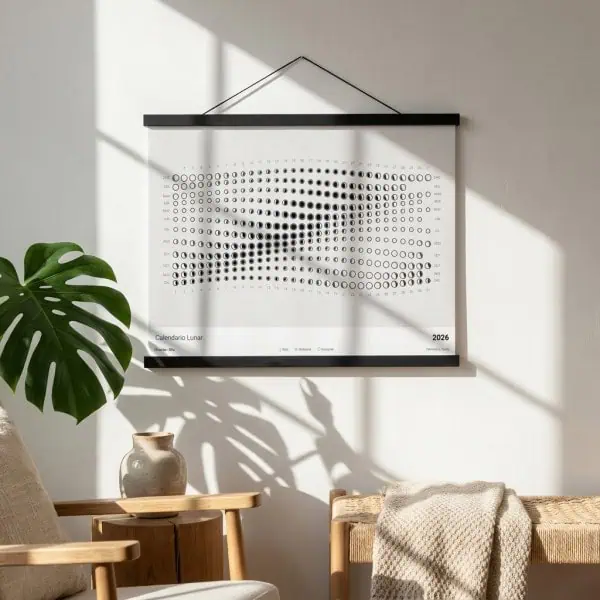 1. Póster del calendario lunar 2026 con diseño gráfico en círculos y fechas, decorativo y funcional para hogares y oficinas en estilo moderno minimalista.