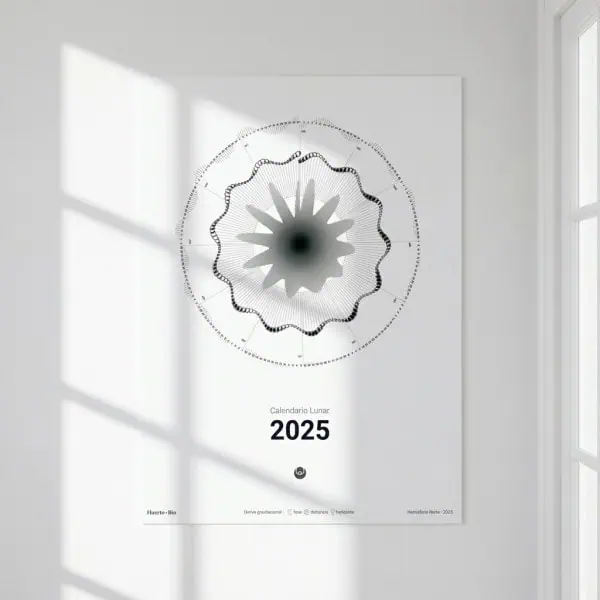 1. Calendario lunar 2025, diseño gráfico minimalista, en blanco y negro con sombra natural, ideal para agricultura ecológica y jardinería orgánica.
