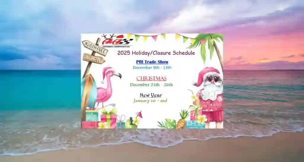 Colorful holiday schedule poster with Christmas, New Year, and trade show dates, set against a beach sunset background.
