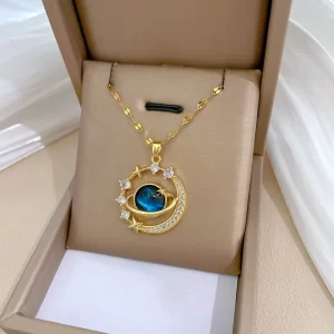 Unique Luxury Star and Moon Silver Necklace With Gemstone Pendant