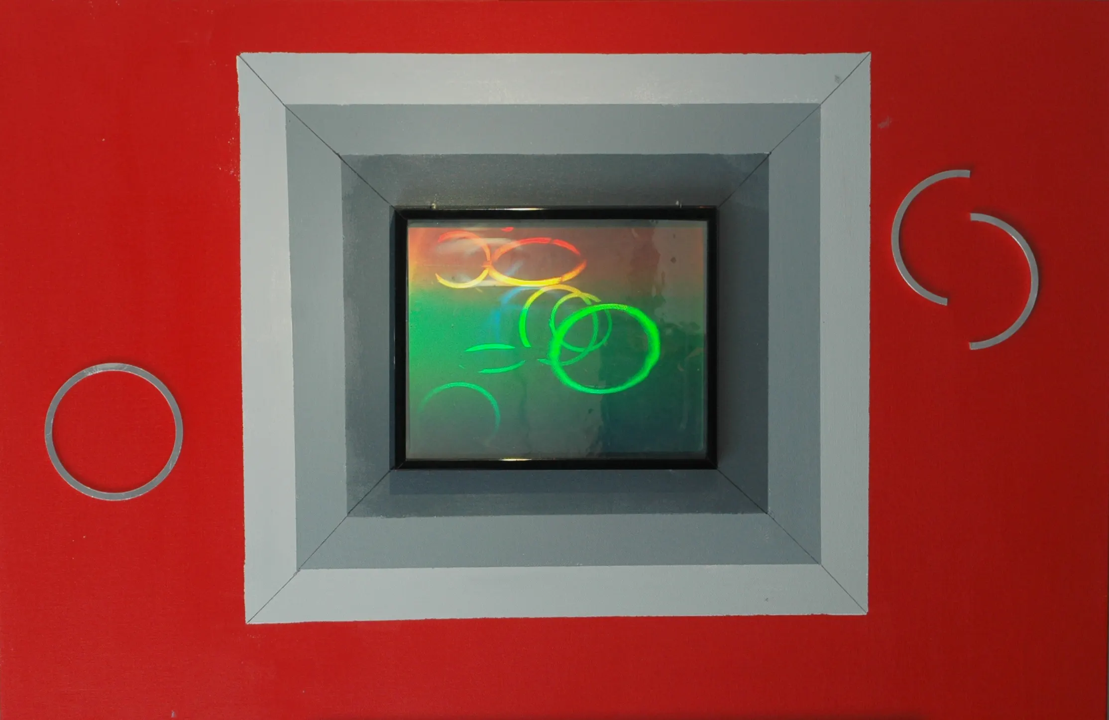 PCA 110/Holopainting Acrylic, Hologram, two metal circles, 20’x24’, 2018