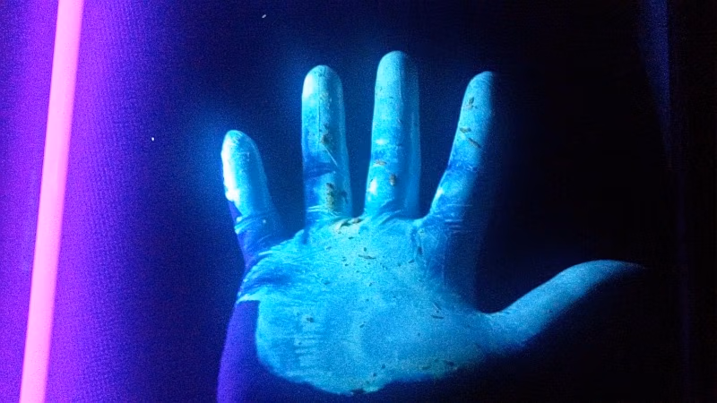 Glowing hand exposed to coal tar sealers