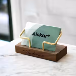 Custom Walnut and Brass Business Card Holder for Desk – Personalised Engraved Office Accessory