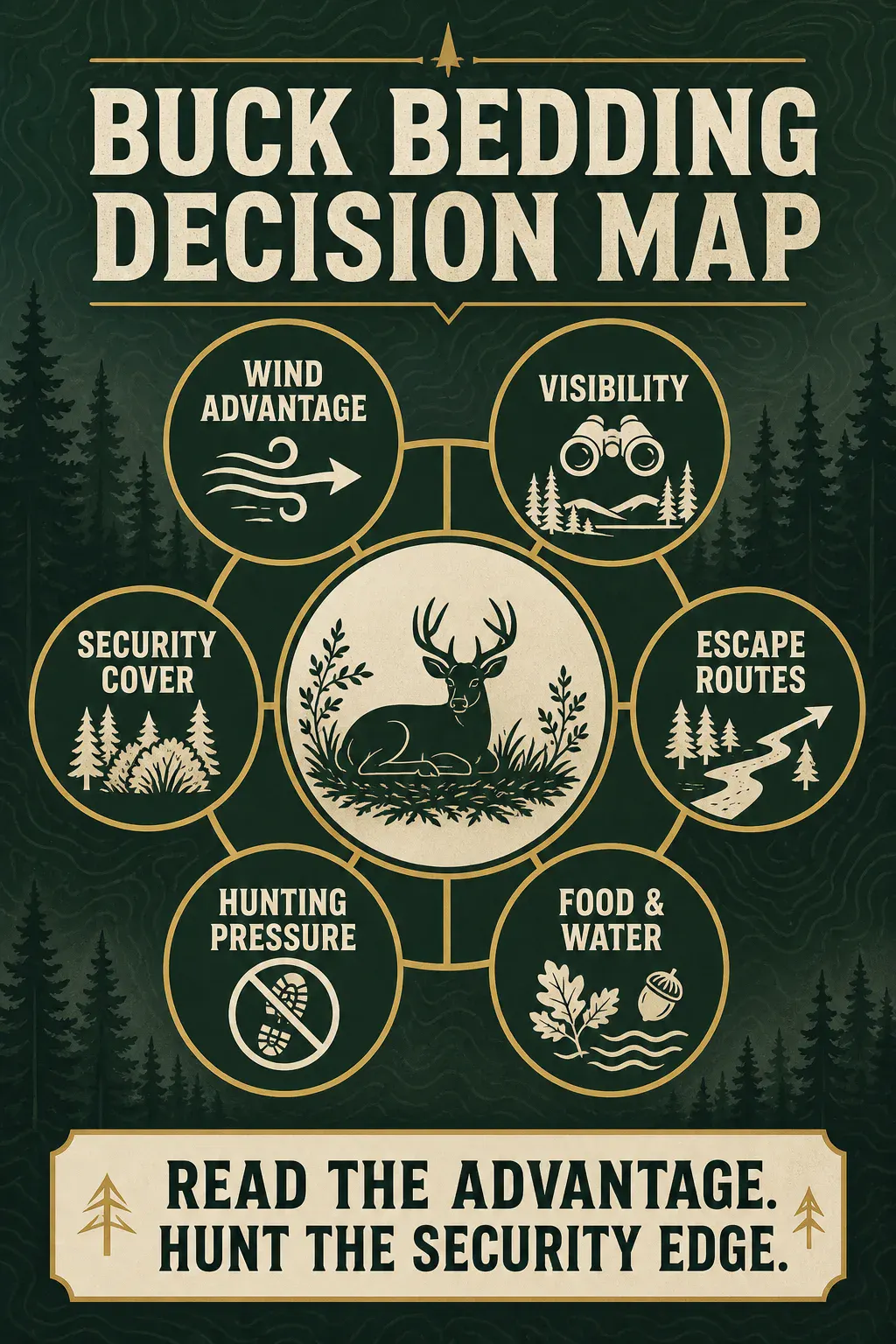 Diagram showing the bedding advantages mature bucks use, including wind, visibility, security cover, escape routes, hunting pressure, and food and water.
