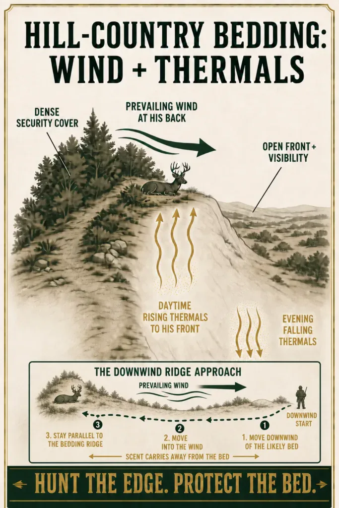 Hill-country diagram showing a mature buck bed with dense cover behind it, prevailing wind at its back, rising thermals to its front, and the downwind ridge approach.