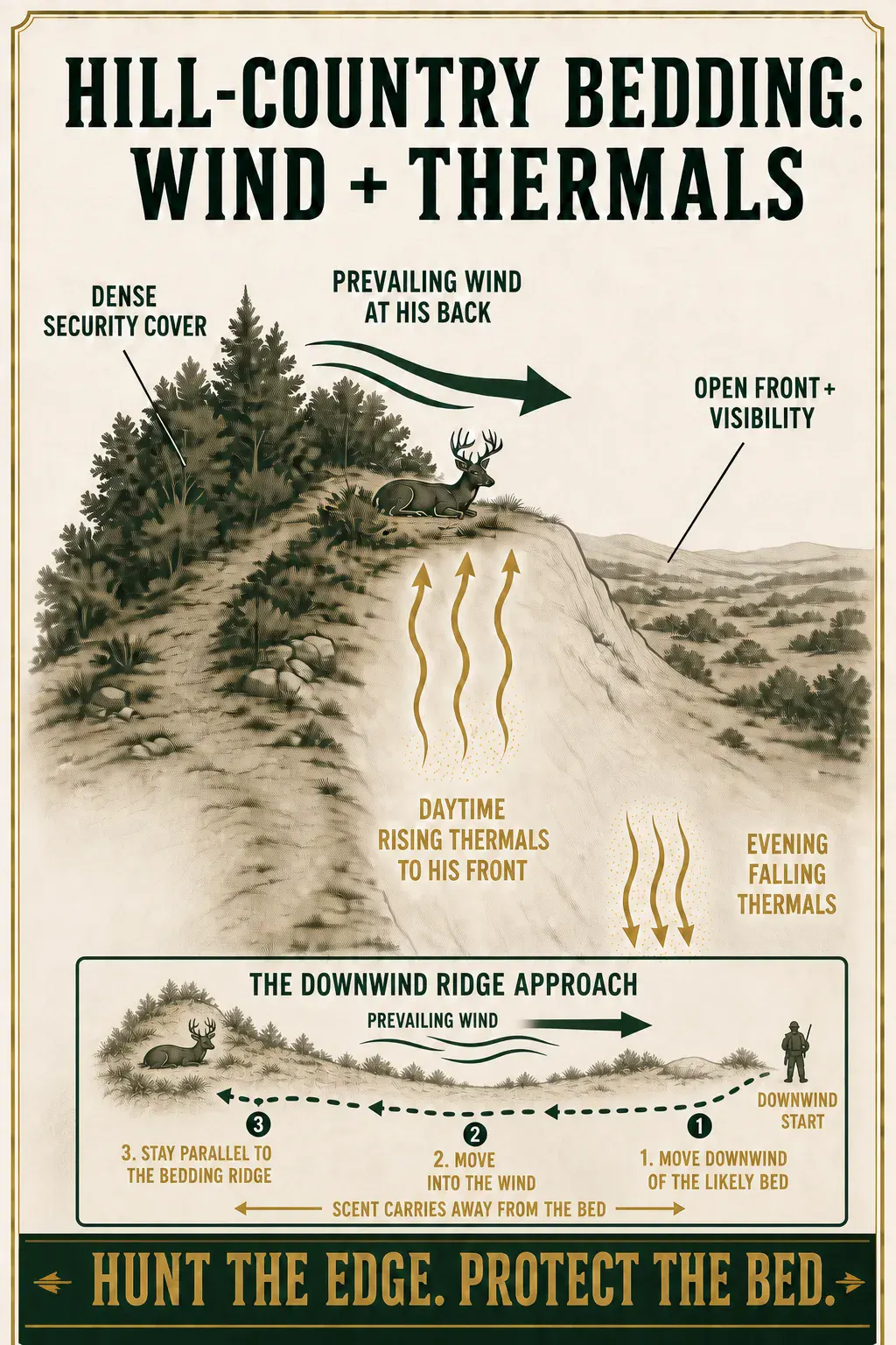 Hill-country diagram showing a mature buck bed with dense cover behind it, prevailing wind at its back, rising thermals to its front, and the downwind ridge approach.