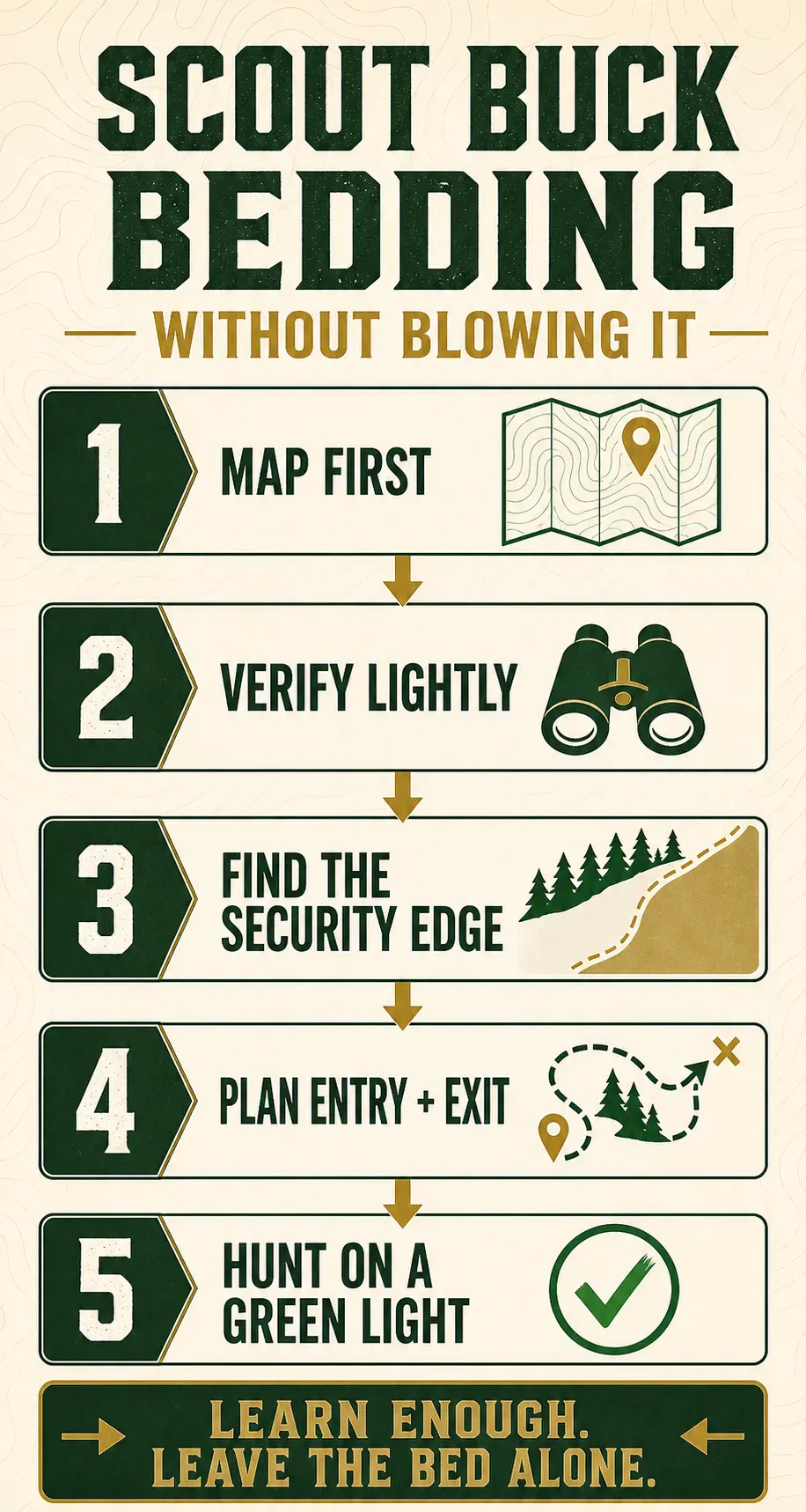 Five-step diagram for scouting buck bedding: map first, verify lightly, find the security edge, plan entry and exit, and hunt only on a green light.