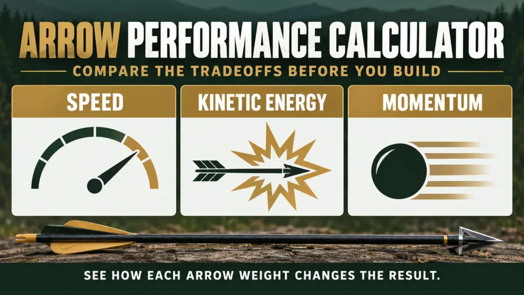 Arrow Performance Calculator graphic with separate panels for speed, kinetic energy, and momentum.