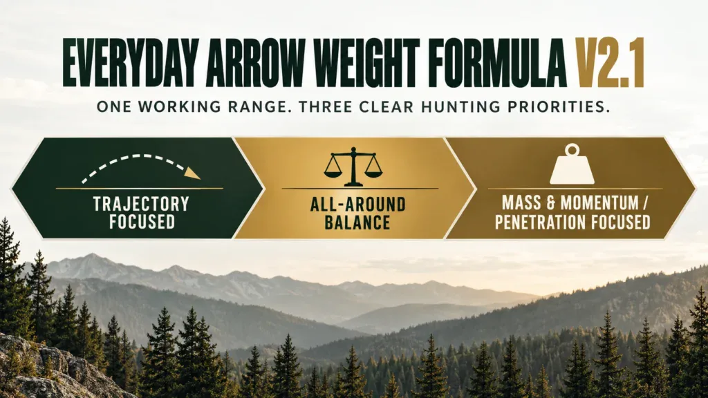 Everyday Arrow Weight Formula V2.1 graphic showing Trajectory Focused, All-Around Balance, and Mass and Momentum / Penetration Focused positions.