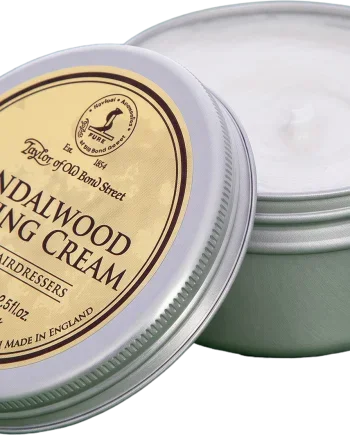 Crema da barba al legno di sandalo Taylor of Old Bond Street, barattolo da 75 ml, aperto