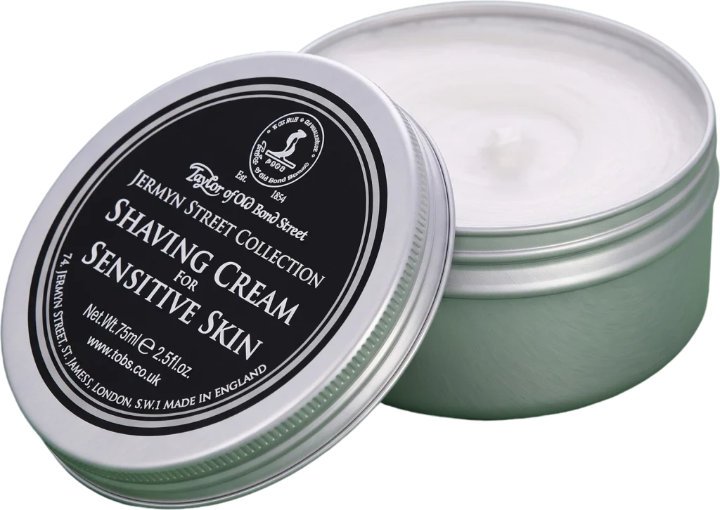 Taylor of Old Bond Street, hufen eillio Jermyn Street ar gyfer croen sensitif, tun 75ml, wedi'i agor