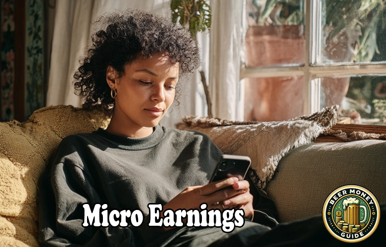 A person sits on a couch using a smartphone, browsing gpt sites to boost their small online earnings. Text reads “Micro Earnings” with a “Beer Money Guide” logo in the corner.