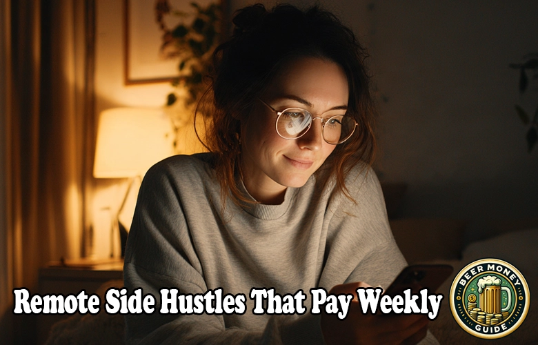 A woman wearing glasses uses a smartphone indoors at night; text reads, “Remote Side Hustles That Pay Weekly,” highlighting opportunities for remote work weekly pay, with a Beer Money Guide logo at the bottom right.