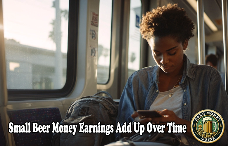 A person sits on a train looking at their phone, with a backpack beside them. Text reads, “Small Beer Money Earnings Add Up Over Time,” highlighting how small earnings add up over time, with a Beer Money Guide logo in the corner.