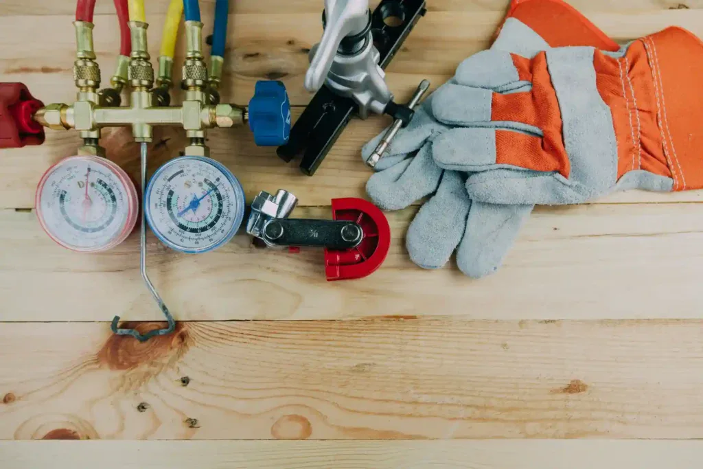HVAC tech tools on a wood table