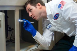 A background-checked Bell Brothers technician in blue gloves inspects under a sink, backed by our No Surprise Guarantee and trusted across Northern CA.