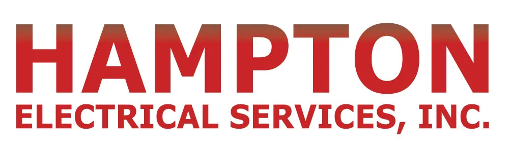 The image displays "HAMPTON ELECTRICAL SERVICES, INC." in bold red on white, highlighting trusted service and upfront pricing.