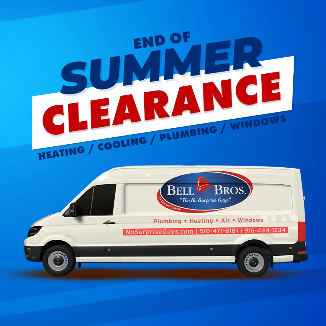 Bell Bros. van on blue promotes End of Summer Clearance—trusted, background-checked techs, upfront pricing, No Surprise Guarantee.