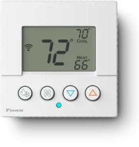 A Daikin thermostat shows 72°F, with cool set to 70°F and heat to 66°F. Bell Brothers: trusted techs, upfront pricing, no surprises.