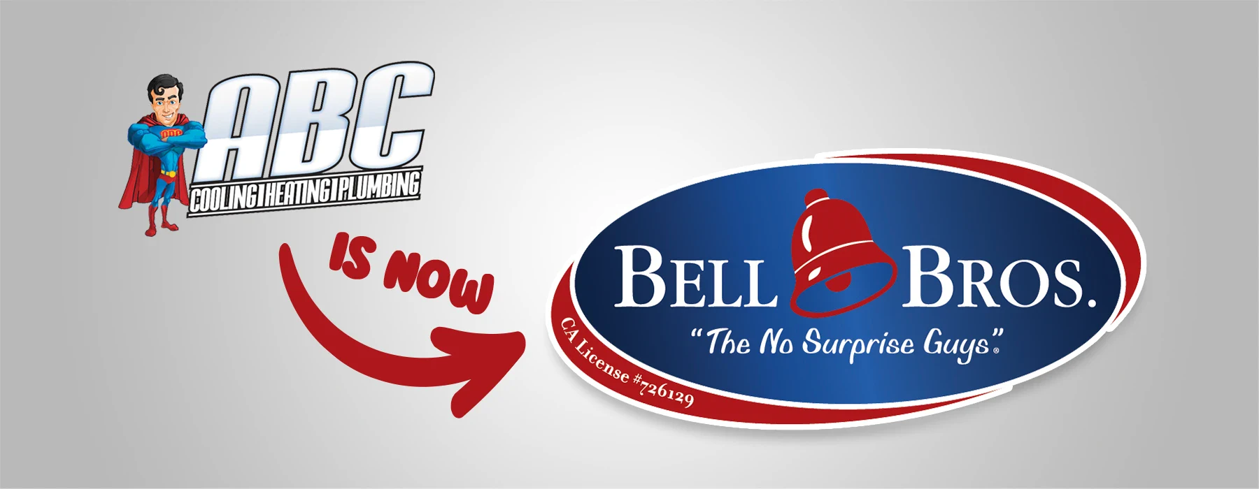 ABC Cooling, Heating & Plumbing is now Bell Bros., with a new logo, "The No Surprise Guys," and red arrow—trusted, upfront service.