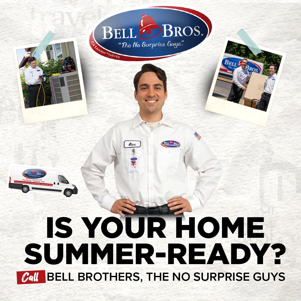 A smiling Bell Bros. technician stands proudly, highlighting our No Surprise Guarantee, trusted team, and reliable service across Northern CA.