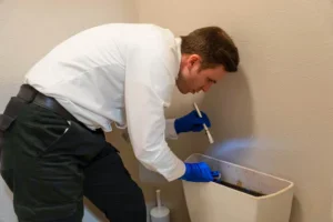 A trusted, background-checked Bell Brothers technician in gloves inspects a toilet tank, ensuring No Surprise Guarantee pricing.