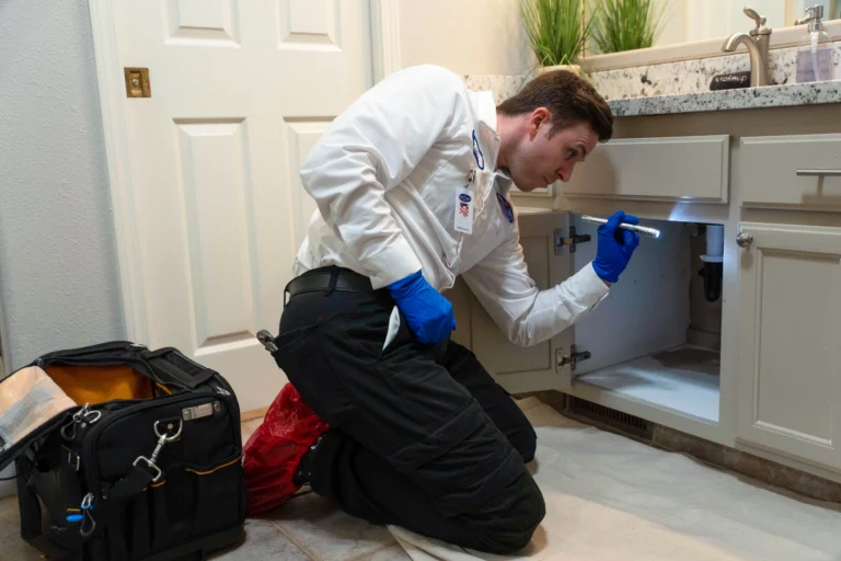 A friendly, background-checked Bell Brothers tech inspects under a bathroom sink—No Surprise Guarantee and upfront pricing you trust.