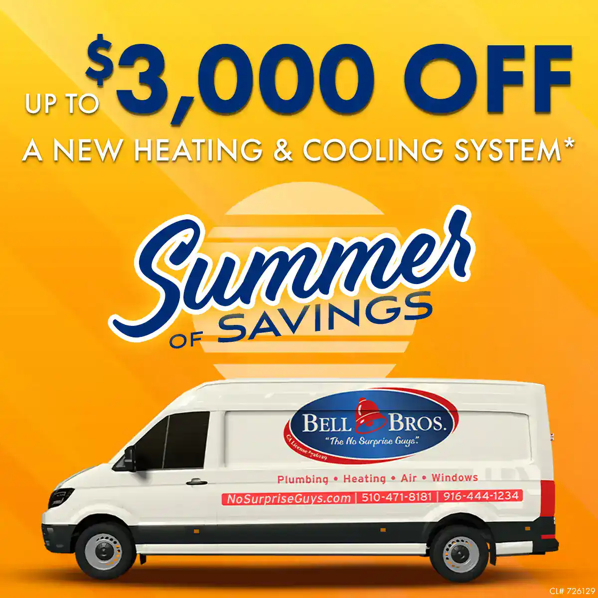 White Bell Bros. van with orange background promotes Summer Savings—up to $3,000 off, trusted techs, and No Surprise Guarantee.