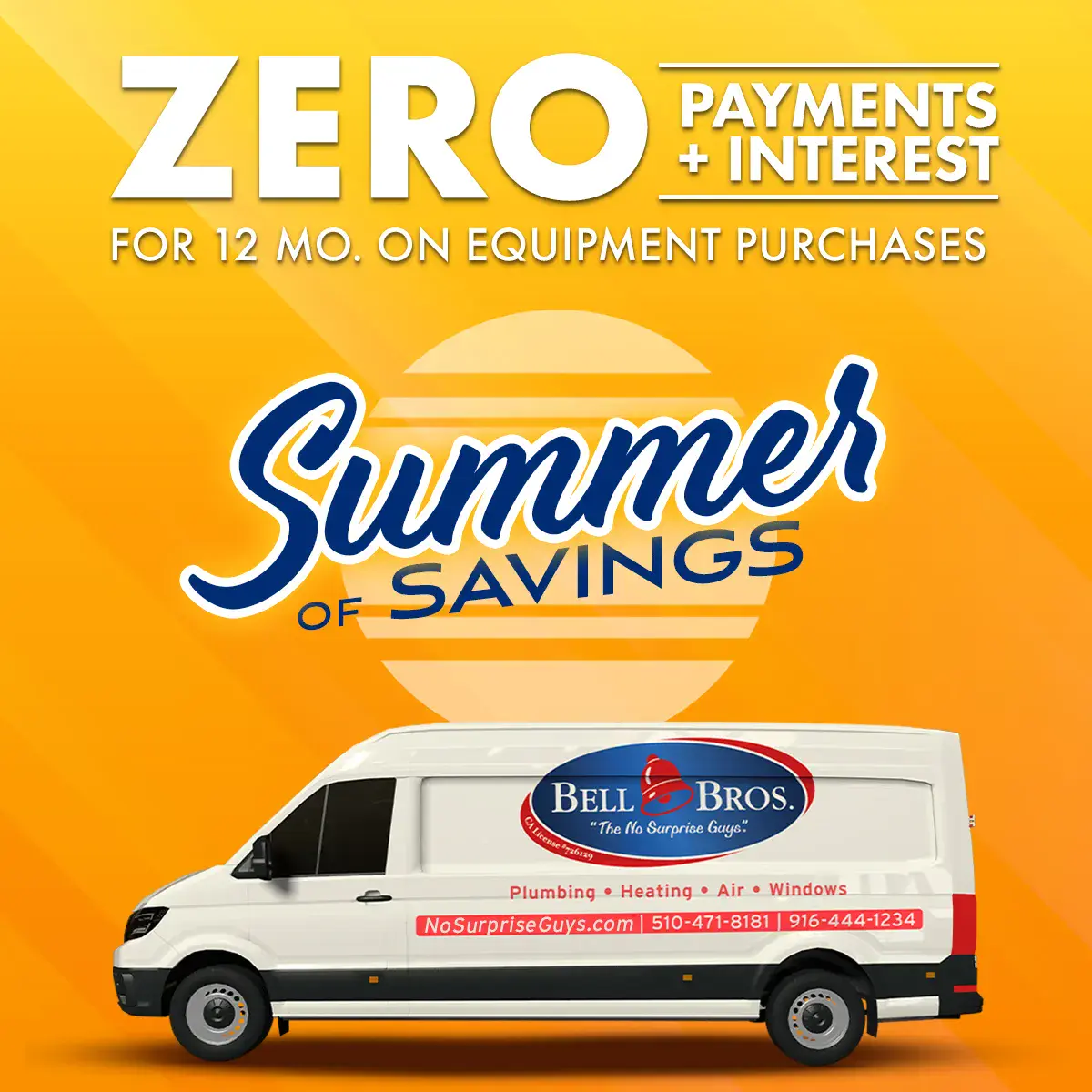 A Bell Bros. van stands before a yellow backdrop, highlighting Summer Savings and their trusted, No Surprise Guarantee service.