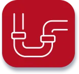 White outline of a pipe with two joints on red, symbolizing Bell Brothers’ trusted plumbing—No Surprise Guarantee and upfront pricing.