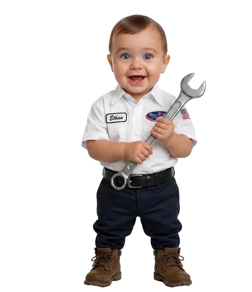 A smiling toddler in mechanic gear and boots holds a wrench, reflecting Bell Brothers' trusted, upfront, and guaranteed service.