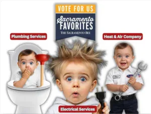 Three children humorously represent Bell Brothers’ trusted plumbing, electrical, and HVAC services—one sits in a toilet for plumbing, another holds a plug for electrical, and the third wears a technician uniform for HVAC. A “Vote for Us Sacramento Favorites” sign is displayed above, reflecting Bell Brothers’ strong reputation across Northern California communities. This image showcases their commitment to upfront pricing, background-checked technicians, and the No Surprise Guarantee that ensures dependable service every time.