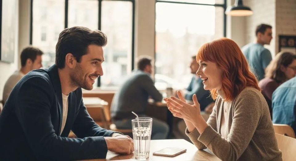 A relaxed café scene with a laughing couple on a casual dating moment, highlighting modern dating.