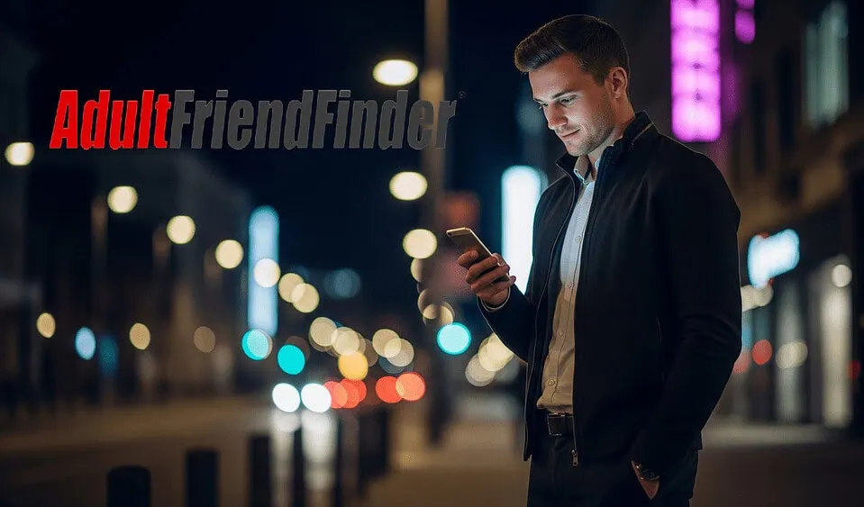 Confident man using a phone at night planning his Adult Friend Finder strategy