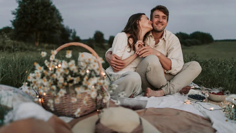 First date for a couple from a small town, having a picnic