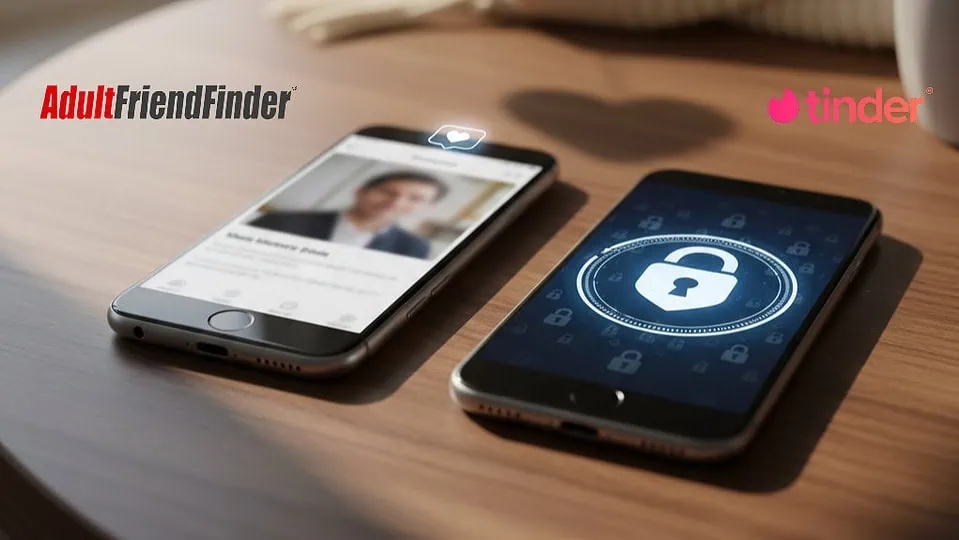 Two smartphones displaying a dating app and a lock icon, symbolizing secure online dating privacy on a wooden table.