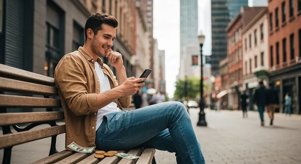 Smiling man using free dating app on phone in city park, representing affordable local dating options