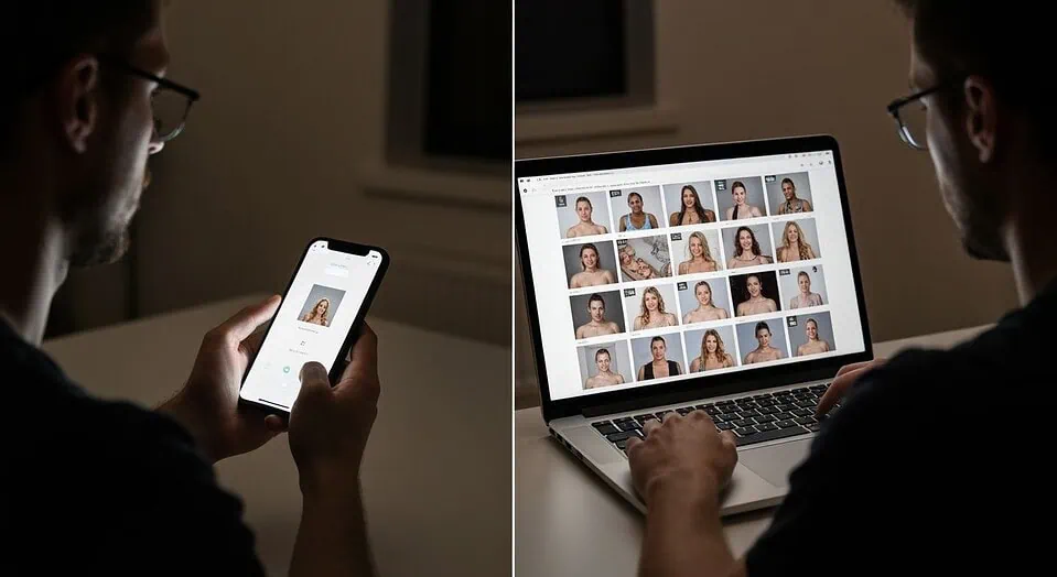 Split view of smartphone and laptop screens showing cam site differences in layout and screen real estate for better user experience.