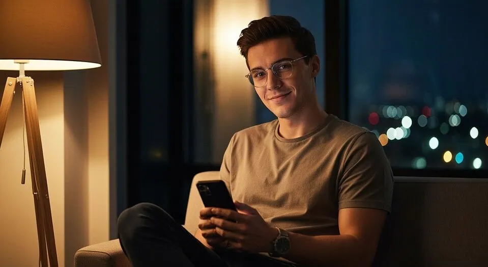 Young man using dating app on smartphone in modern apartment with evening city view